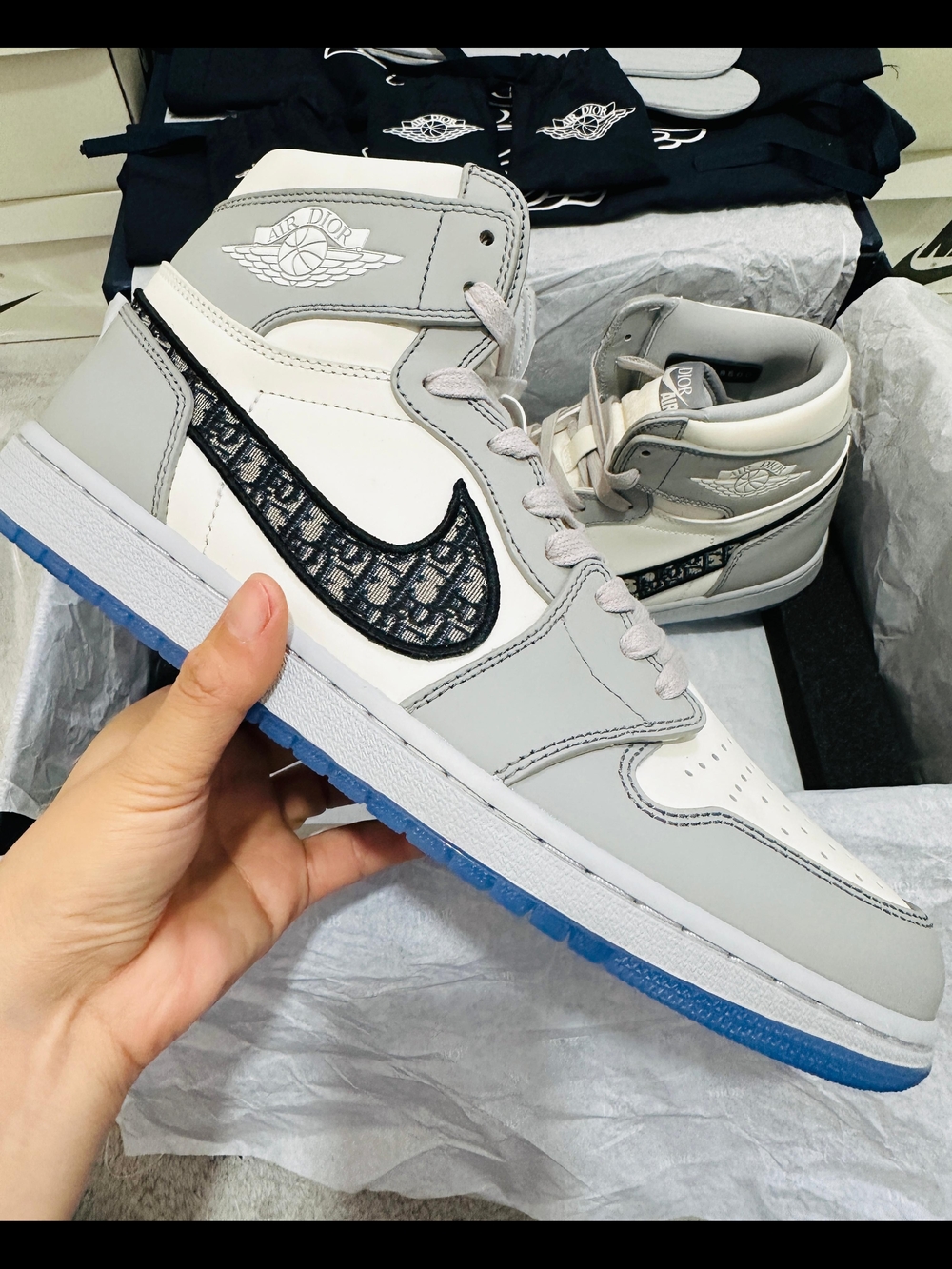 Dior Grey White High-Top Sneaker with Blue Sole